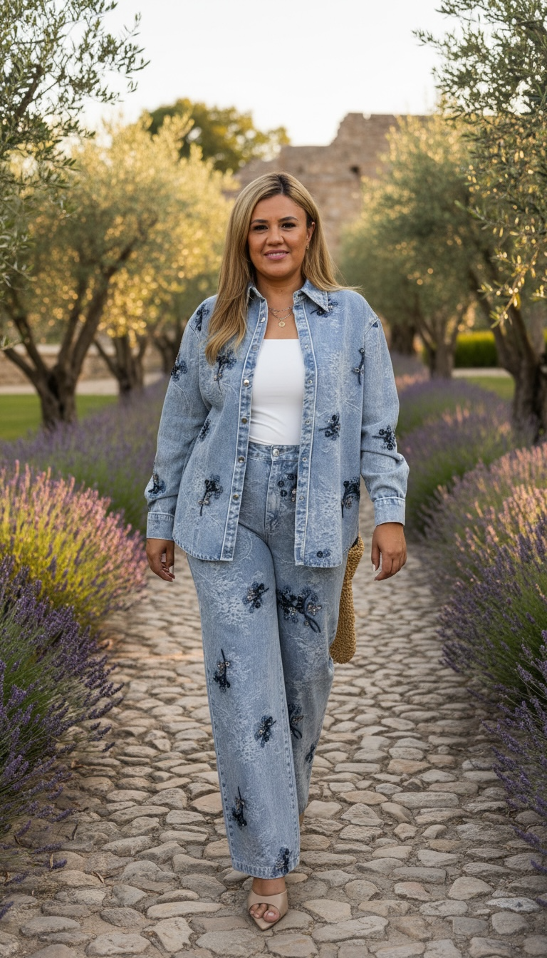 Set de Mezclilla de Camisa de Manga Larga y Jeans con Aplicaciones